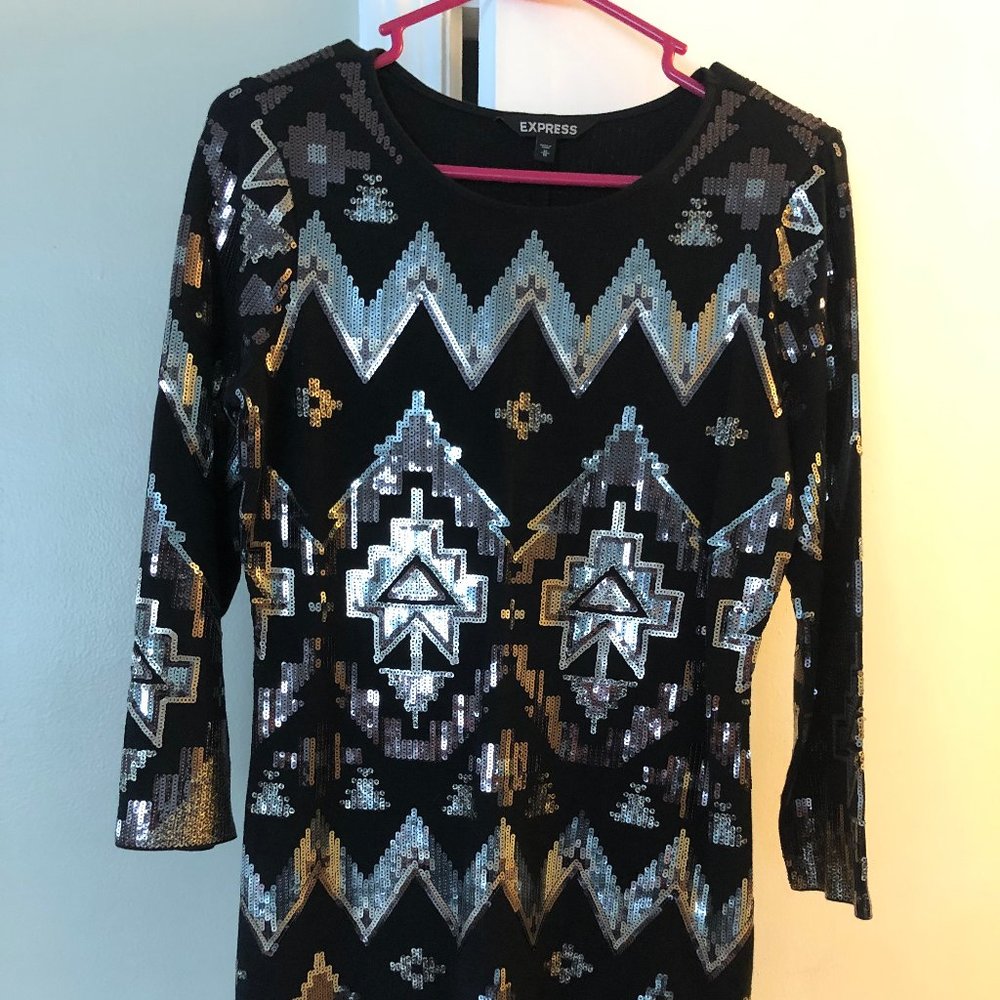 Black 3/4 Sleeve Sequin Express Dress